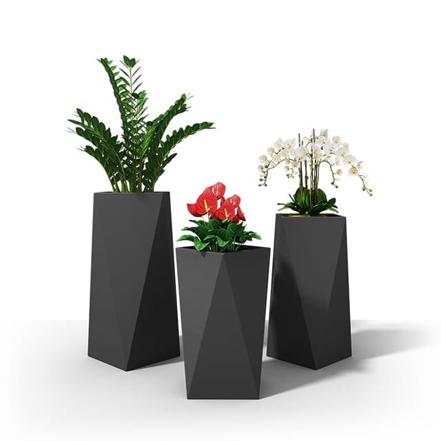 A variety of durable outdoor planters arranged on a patio